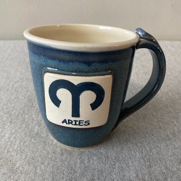 Artisan Blue Aries Zodiac Theme Ceramic Embossed Coffee Mug - Picture 1 of 8